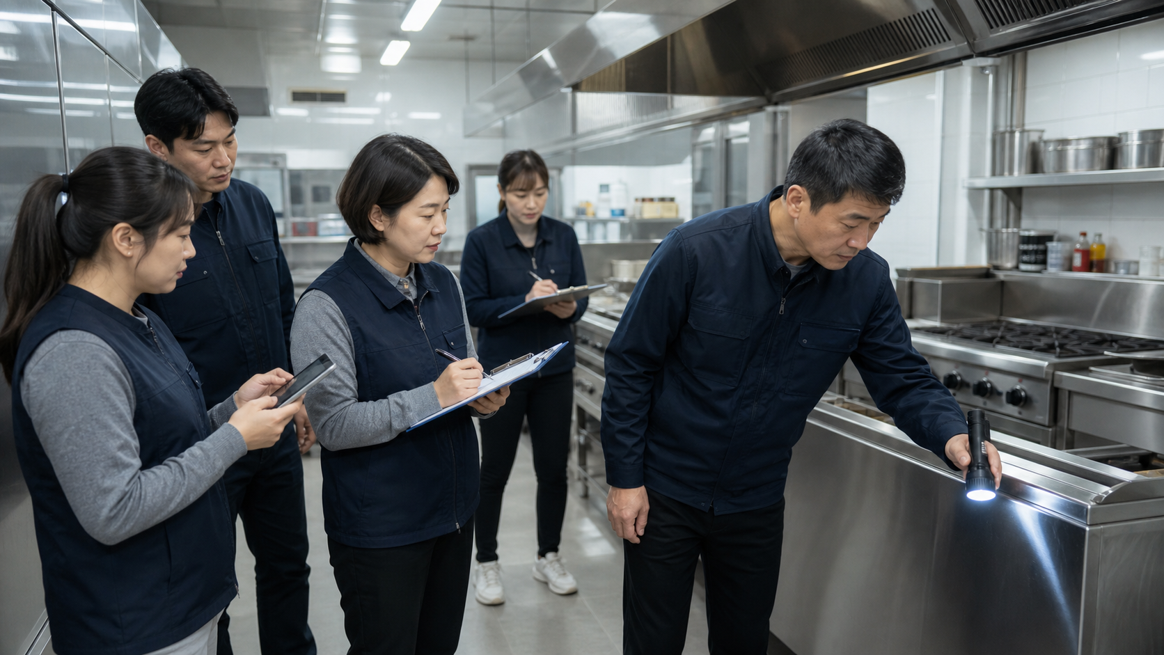 성인 교육생이 위생관리 작업 후 현장을 확인하는 실습